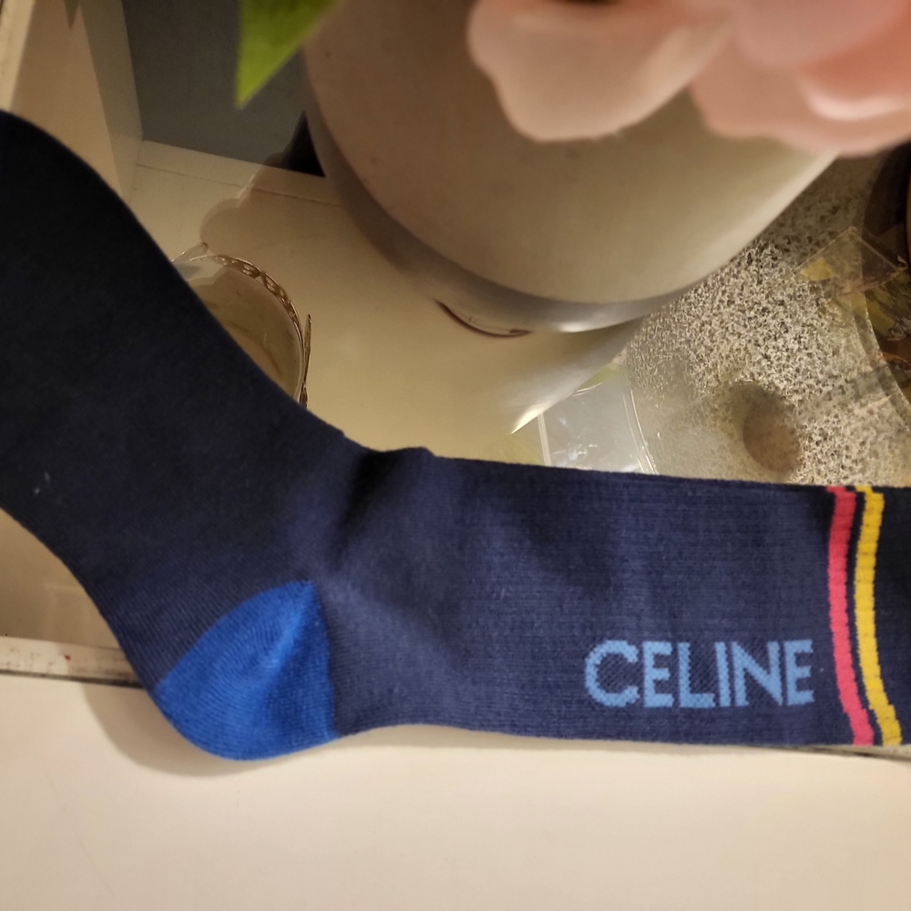 CELINE Vintage  Men’s Navy Logo Crew Socks with Blue Heel New